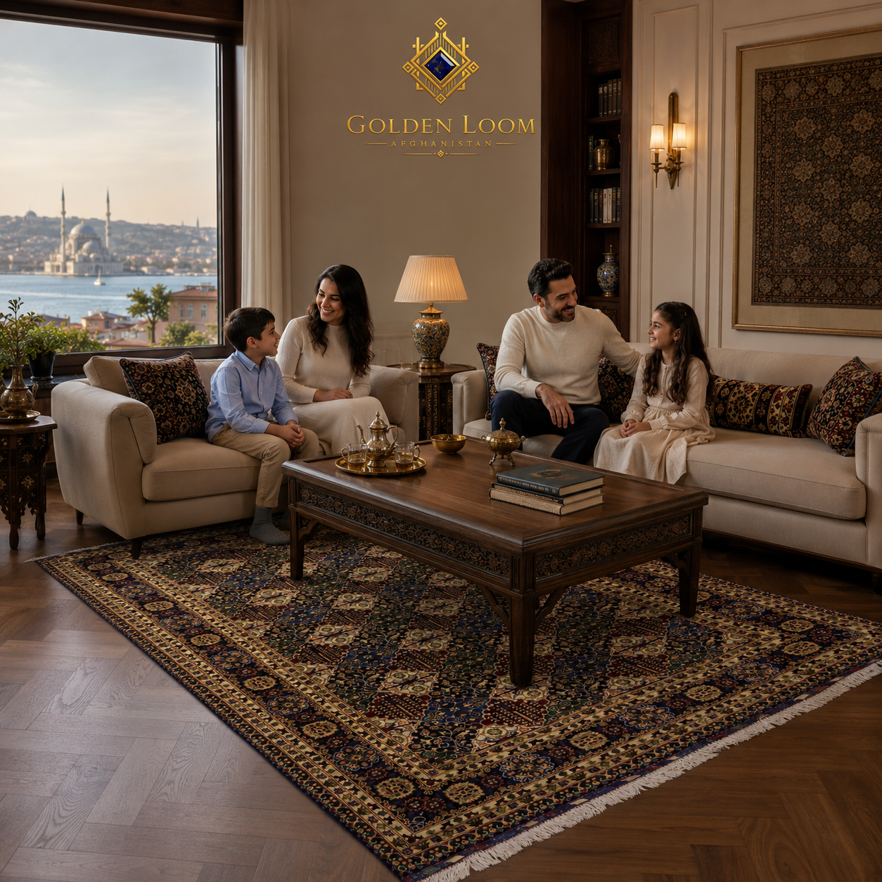 Afghan handwoven rug with traditional floral medallion design in an elegant living room overlooking a waterfront cityscape