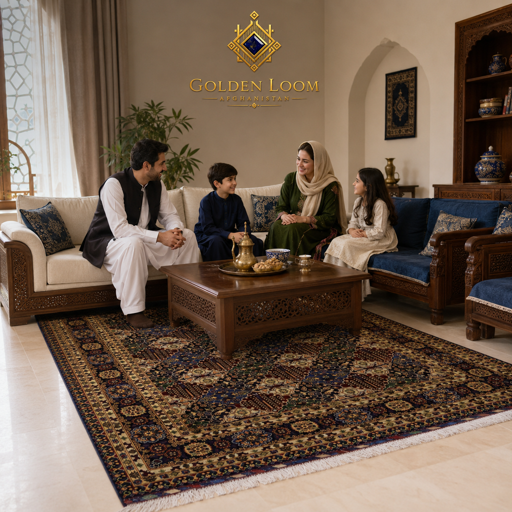 Handwoven Afghan carpet with navy and ivory geometric floral pattern in a traditional South Asian family sitting room