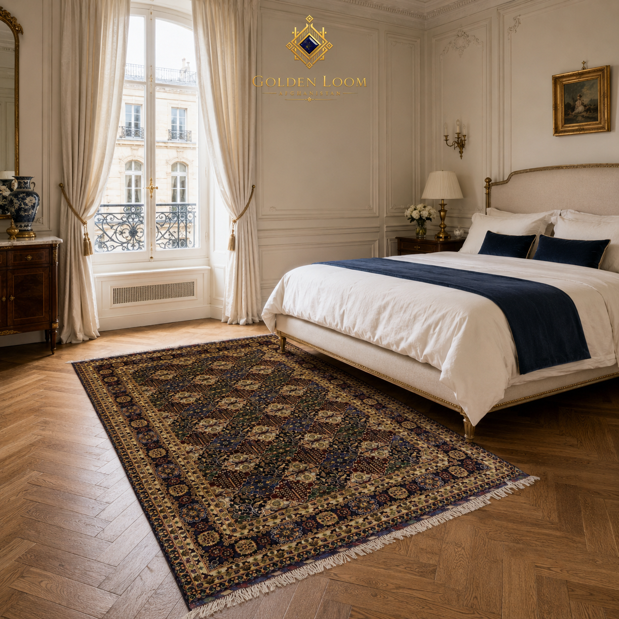 Afghan handwoven area rug with dark navy floral allover design placed in a classic Parisian bedroom with herringbone wood floor