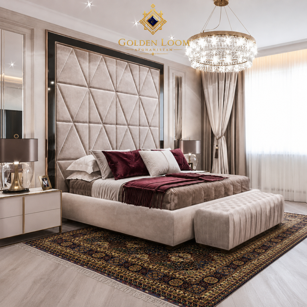 Afghan handwoven carpet in a luxury bedroom with velvet upholstered headboard, crystal chandelier, and burgundy accents