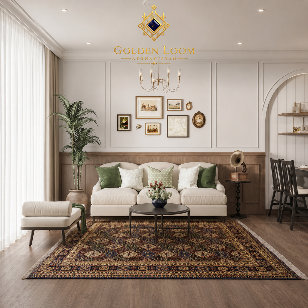 Premium Afghan handwoven carpet styled in a classic white living room with cream sofa, green cushions, and wood paneling