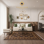 Premium Afghan handwoven carpet styled in a classic white living room with cream sofa, green cushions, and wood paneling