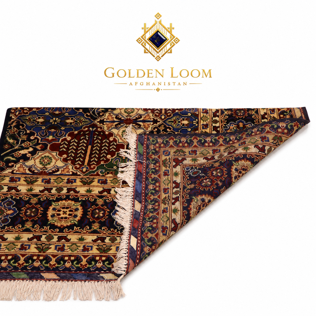 Close-up of folded Afghan handwoven carpet showing intricate floral border, dense wool pile, and ivory cotton fringe