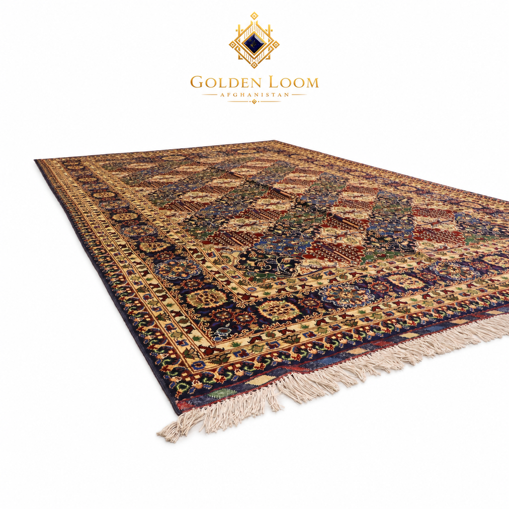 Angled view of large Afghan handwoven area rug with navy, burgundy, and gold geometric floral design on white background
