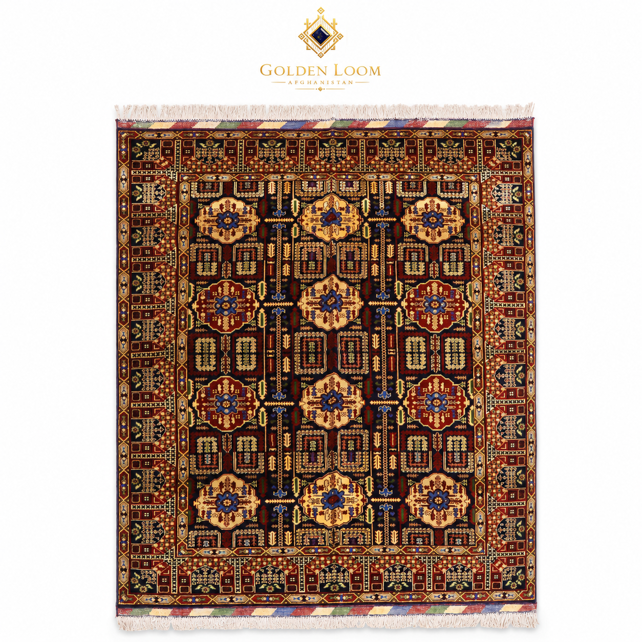 Handwoven Afghan Regional Rug in Wheat Pattern Blue, flat lay view, 100% natural wool, Golden Loom Afghanistan