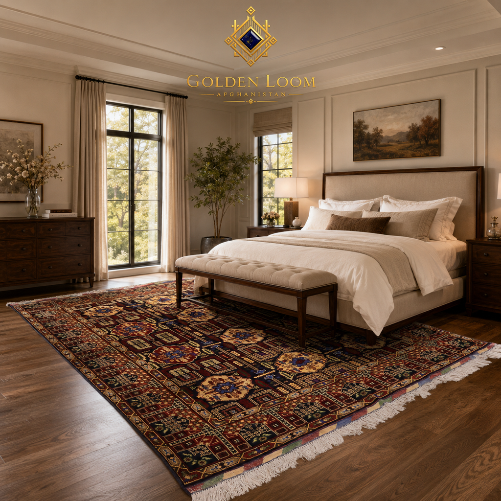 Handwoven Afghan carpet with floral medallion pattern placed in a luxury bedroom under a king-size bed, Golden Loom Afghanistan