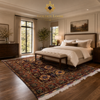 Handwoven Afghan carpet with floral medallion pattern placed in a luxury bedroom under a king-size bed, Golden Loom Afghanistan