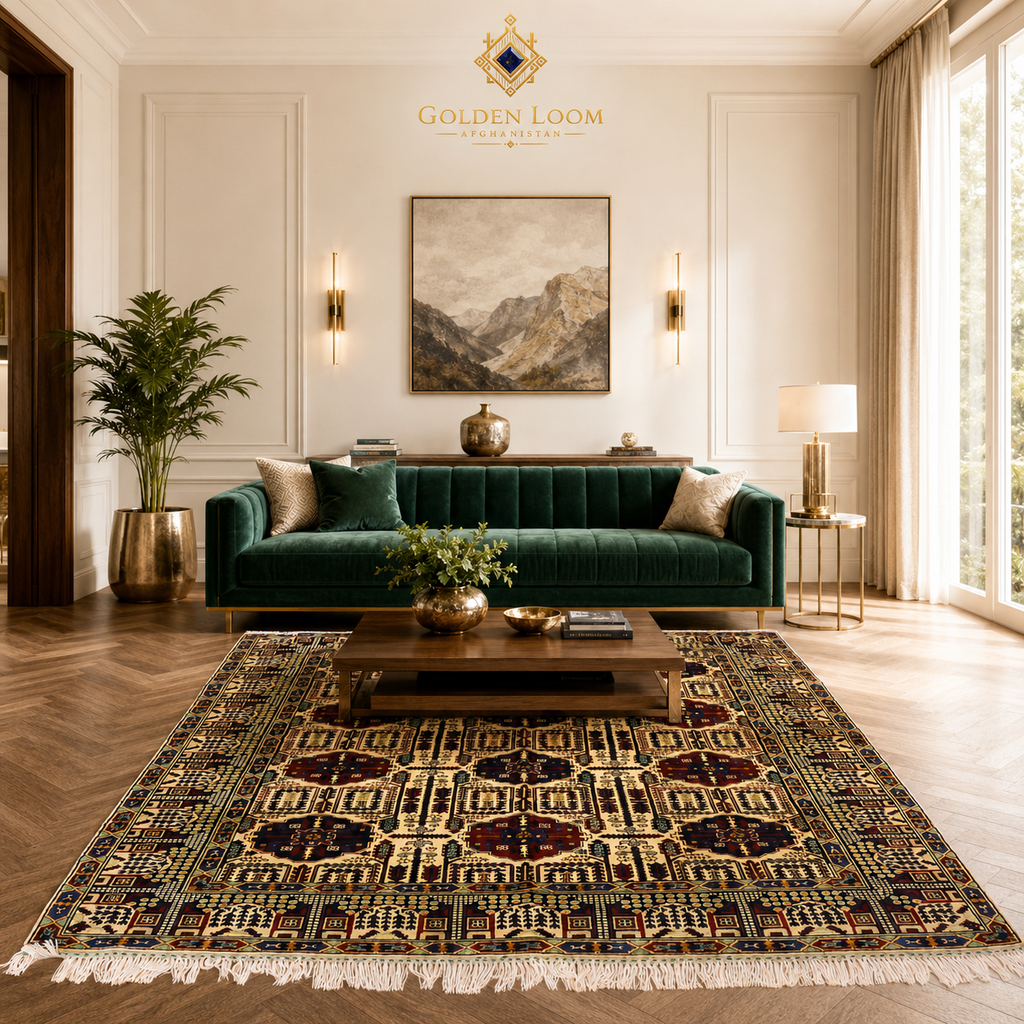 Afghan hand-knotted wheat pattern carpet with ivory and burgundy geometric medallion pattern, styled in a modern luxury living room with emerald green velvet sofa and parquet flooring — Golden Loom Afghanistan
