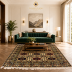 Afghan hand-knotted wheat pattern carpet with ivory and burgundy geometric medallion pattern, styled in a modern luxury living room with emerald green velvet sofa and parquet flooring — Golden Loom Afghanistan