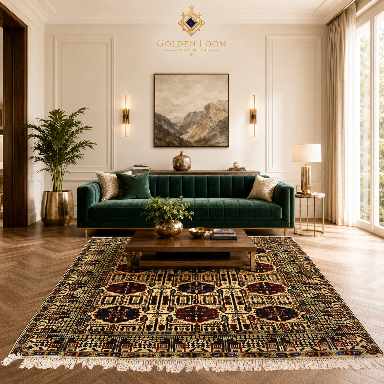Afghan hand-knotted wheat pattern carpet with ivory and burgundy geometric medallion pattern, styled in a modern luxury living room with emerald green velvet sofa and parquet flooring — Golden Loom Afghanistan