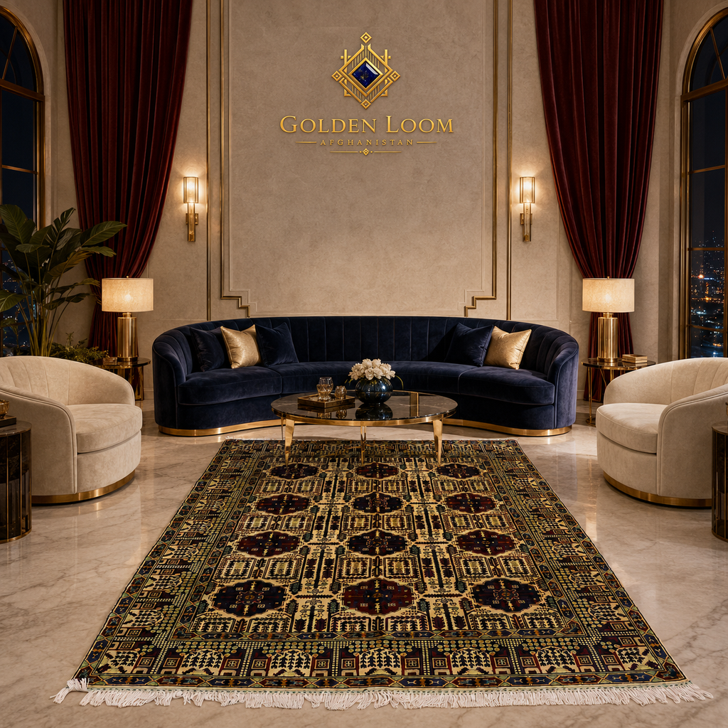 Afghan hand-knotted Bokhara carpet with dark field and gold geometric medallion pattern, styled in a grand luxury salon with navy curved velvet sofa and marble flooring — Golden Loom Afghanistan