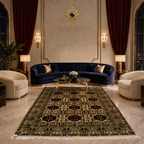 Afghan hand-knotted Bokhara carpet with dark field and gold geometric medallion pattern, styled in a grand luxury salon with navy curved velvet sofa and marble flooring — Golden Loom Afghanistan