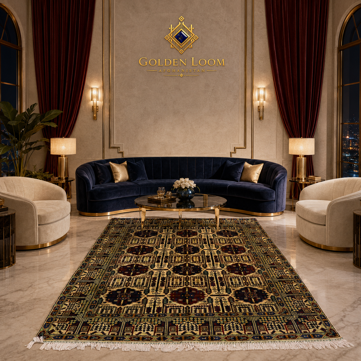 Afghan hand-knotted Bokhara carpet with dark field and gold geometric medallion pattern, styled in a grand luxury salon with navy curved velvet sofa and marble flooring — Golden Loom Afghanistan