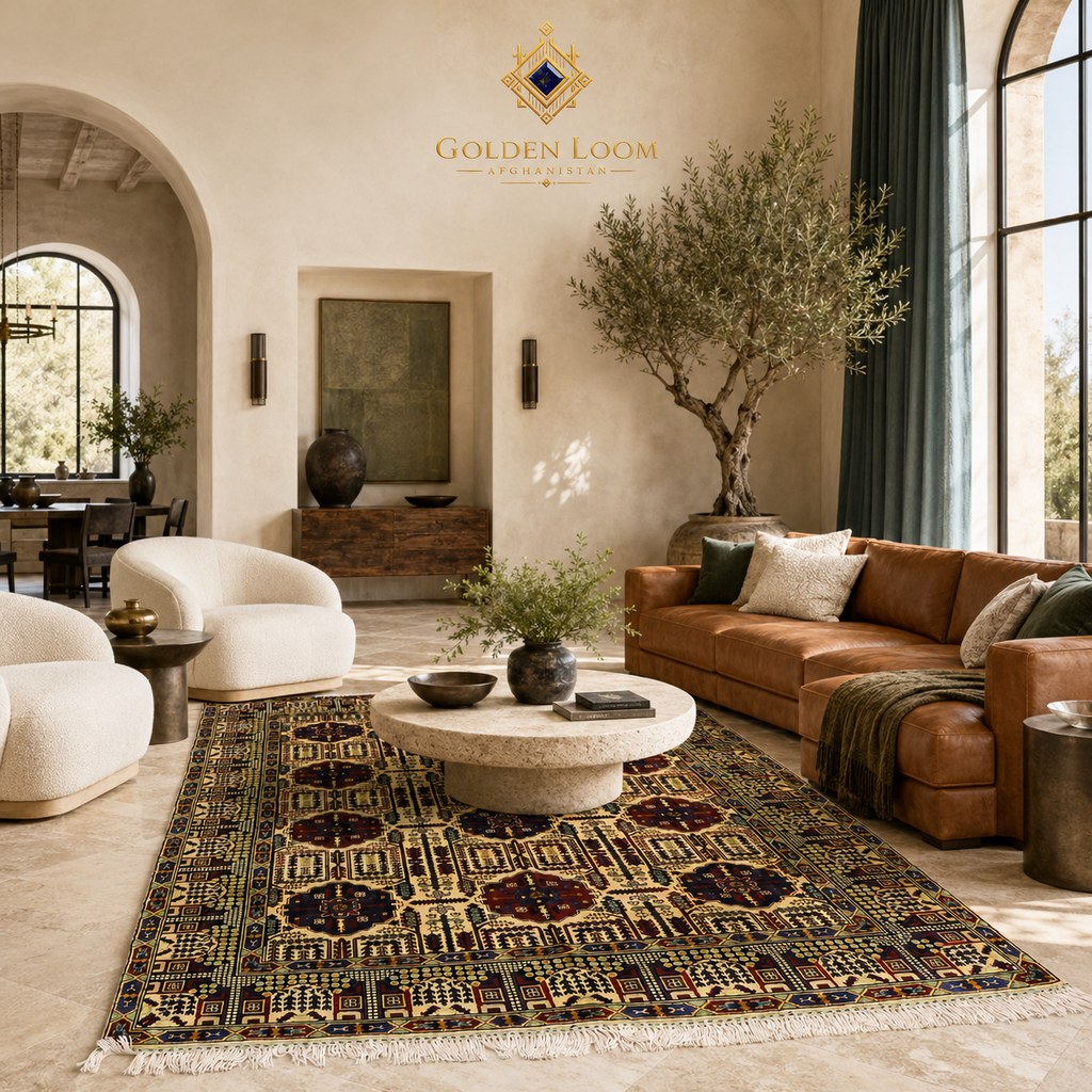 Traditional Afghan hand-knotted wheat pattern carpet with rich burgundy and ivory geometric medallions, placed in a bright Scandinavian-style living room with cream linen sofas — Golden Loom Afghanistan
