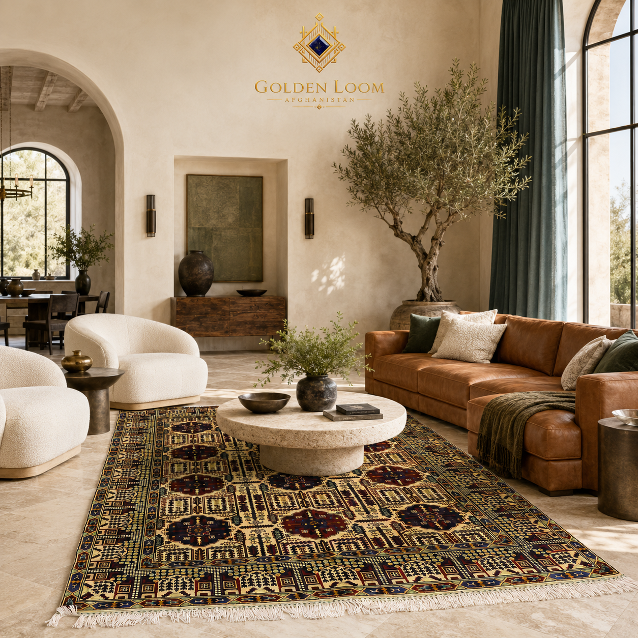 Traditional Afghan hand-knotted wheat pattern carpet with rich burgundy and ivory geometric medallions, placed in a bright Scandinavian-style living room with cream linen sofas — Golden Loom Afghanistan