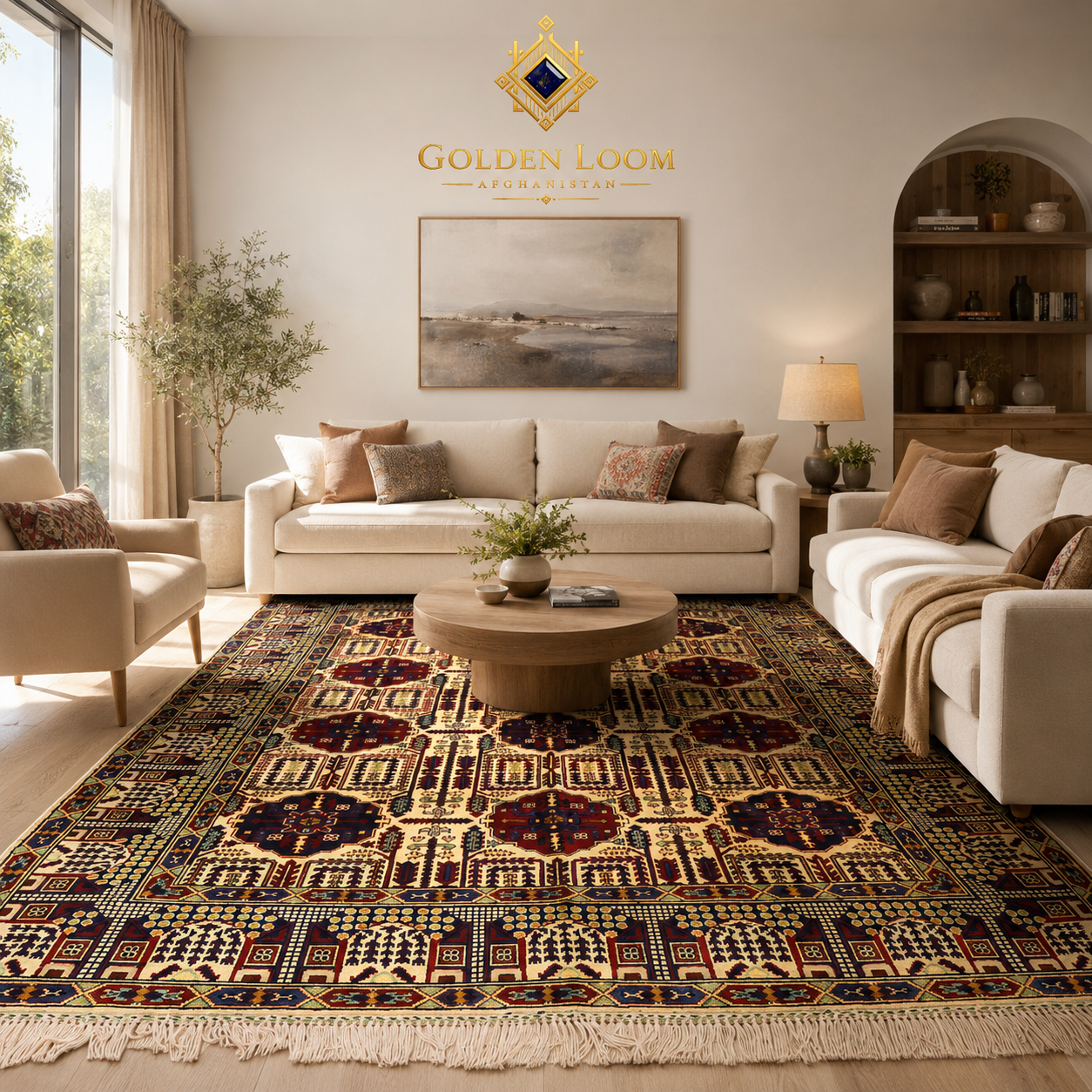 Afghan wheat pattern hand-knotted rug with ivory and burgundy medallion pattern, styled in a sunlit Mediterranean living room with leather sofa and indoor olive tree — Golden Loom Afghanistan