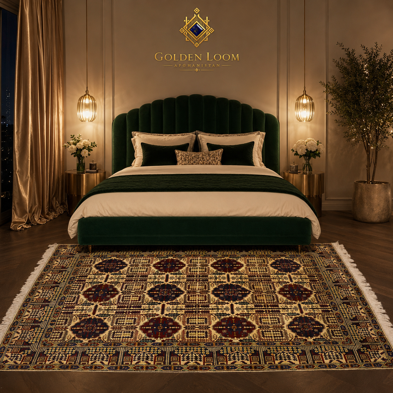 Traditional Afghan hand-knotted carpet with Bokhara medallion design in burgundy and cream, placed in a modern luxury bedroom with emerald green velvet headboard — Golden Loom Afghanistan