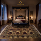 Hand-knotted Afghan Bokhara rug in deep burgundy and ivory with geometric medallion pattern, styled in a dark luxury royal bedroom with four-poster canopy bed — Golden Loom Afghanistan