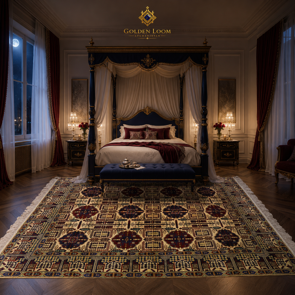 Large Afghan hand-knotted Bokhara rug with burgundy and ivory medallion pattern, placed in a grand royal bedroom with navy four-poster canopy bed and crystal chandeliers — Golden Loom Afghanistan