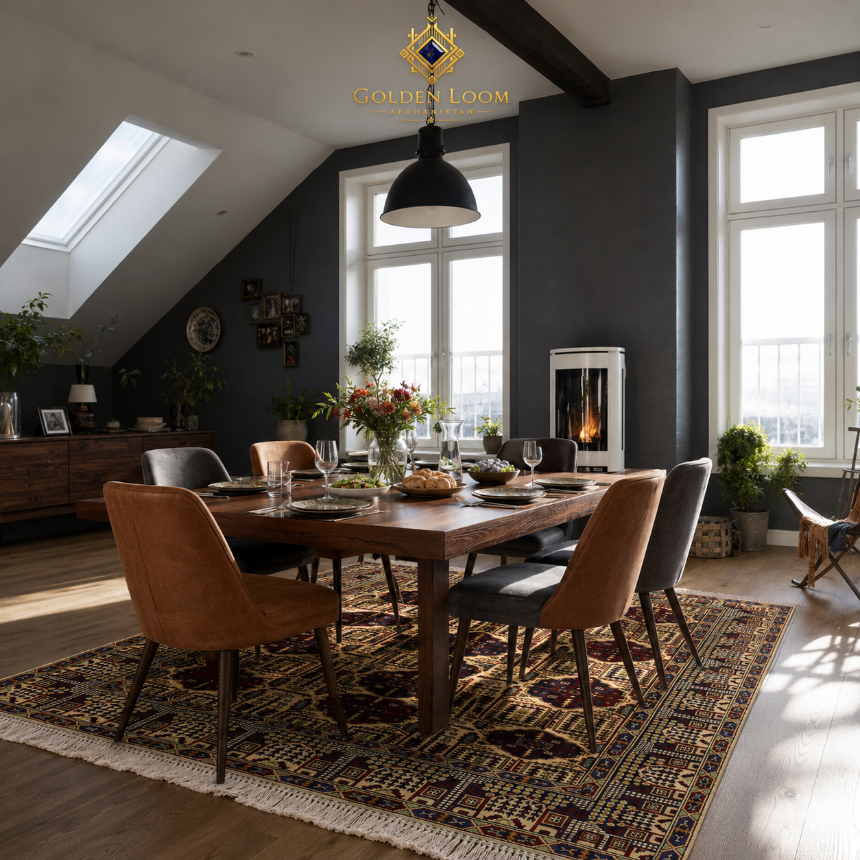 Afghan hand-knotted Bokhara carpet with ivory and burgundy geometric medallion pattern, styled in a dark Nordic dining room with leather chairs and exposed beam ceiling — Golden Loom Afghanistan