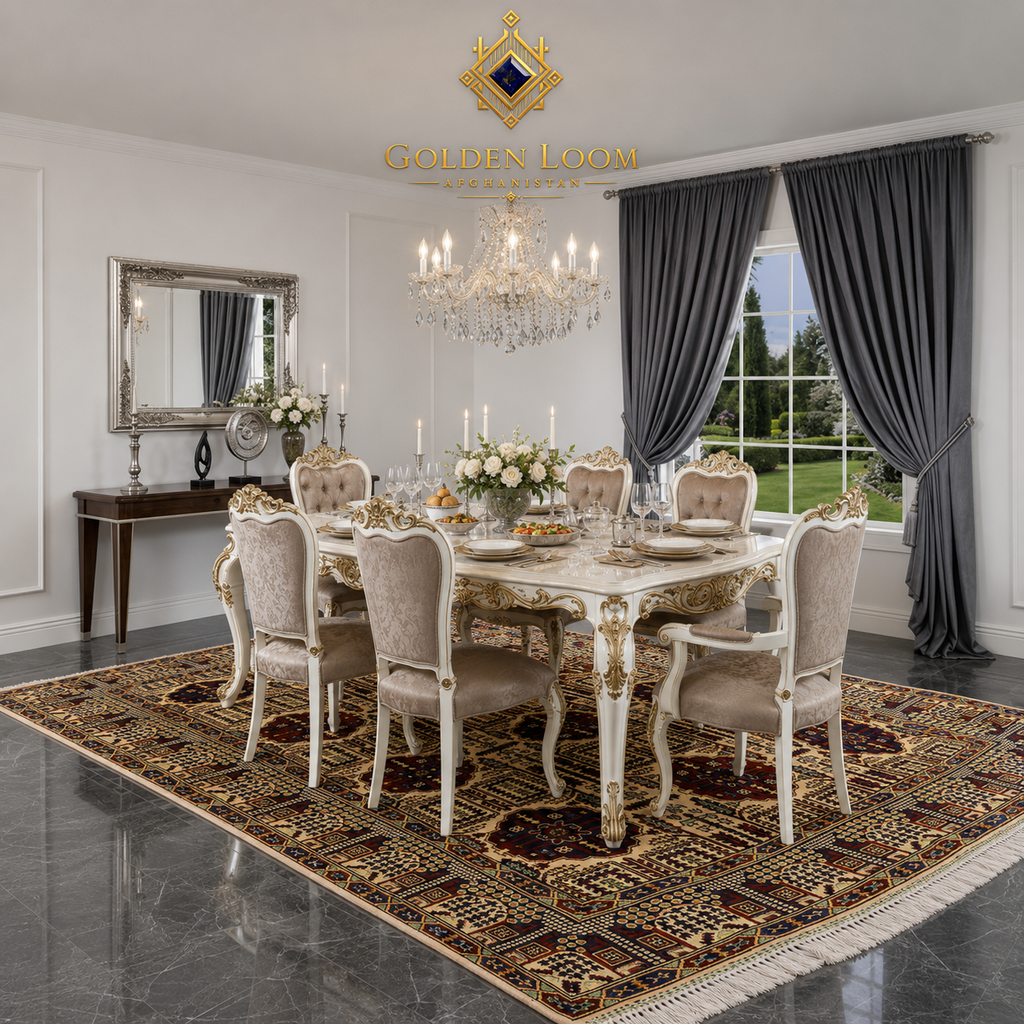 Afghan hand-knotted Bokhara carpet with deep burgundy and gold geometric medallions, styled in a formal French baroque dining room with ornate white and gold chairs and crystal chandelier — Golden Loom Afghanistan
