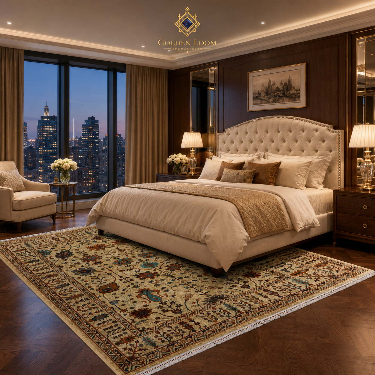 Hand-knotted Afghan Chobi wool rug with ivory floral field styled in luxury Manhattan bedroom with tufted headboard and city skyline view