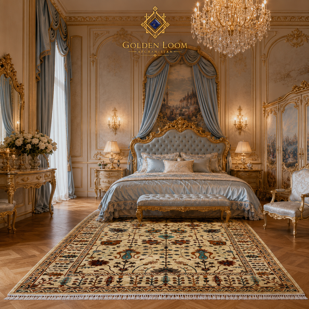 Afghan hand-knotted Chobi rug with all-over floral design in French Rococo bedroom with crystal chandelier gold carved bed and blue silk drapes
