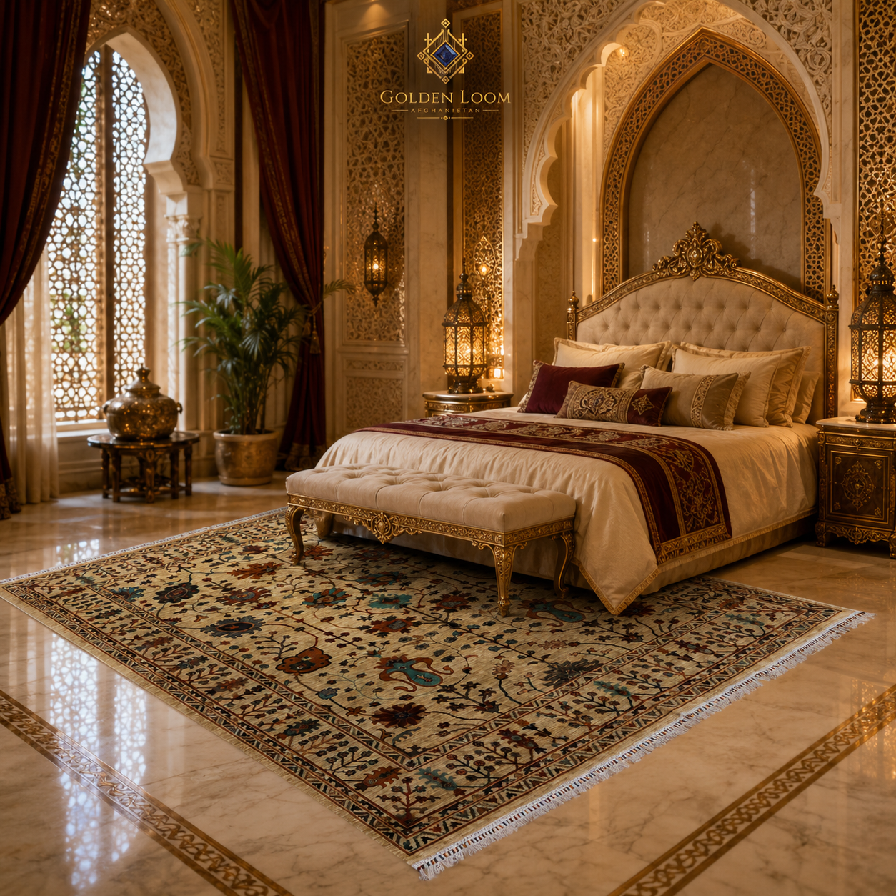 Hand-knotted Afghan rug with ivory floral motifs in ornate Islamic palace bedroom with Moorish arches gold lanterns and marble floors