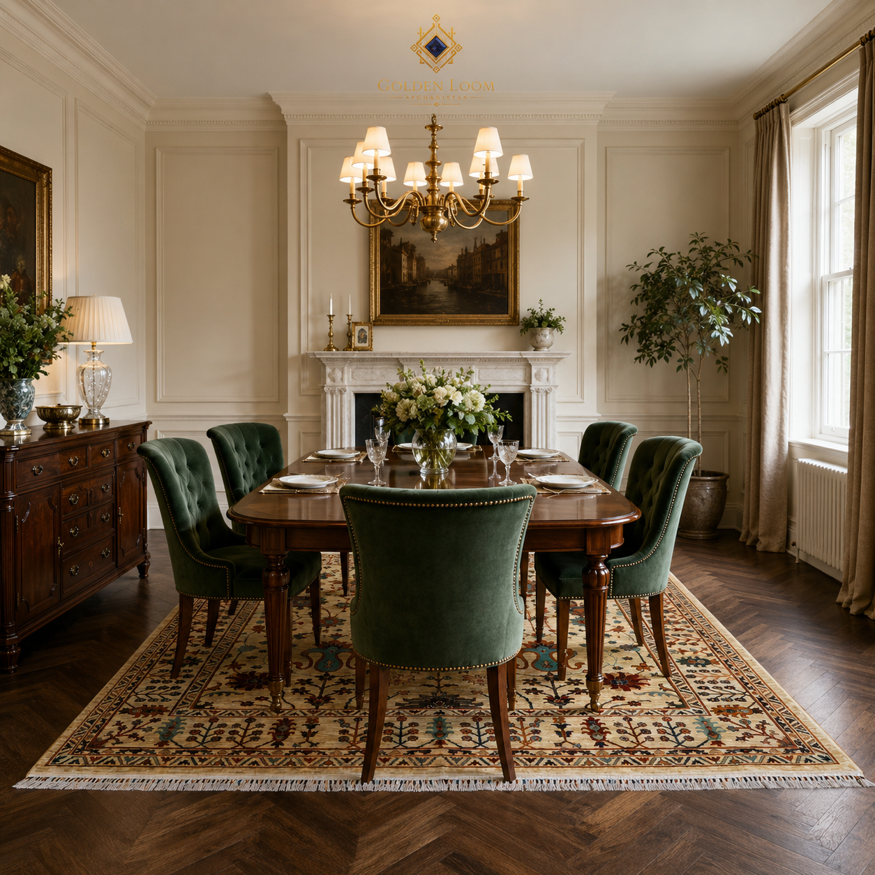 Golden Loom Afghanistan hand-knotted Afghan rug in classic English dining room with green velvet chairs and mahogany table