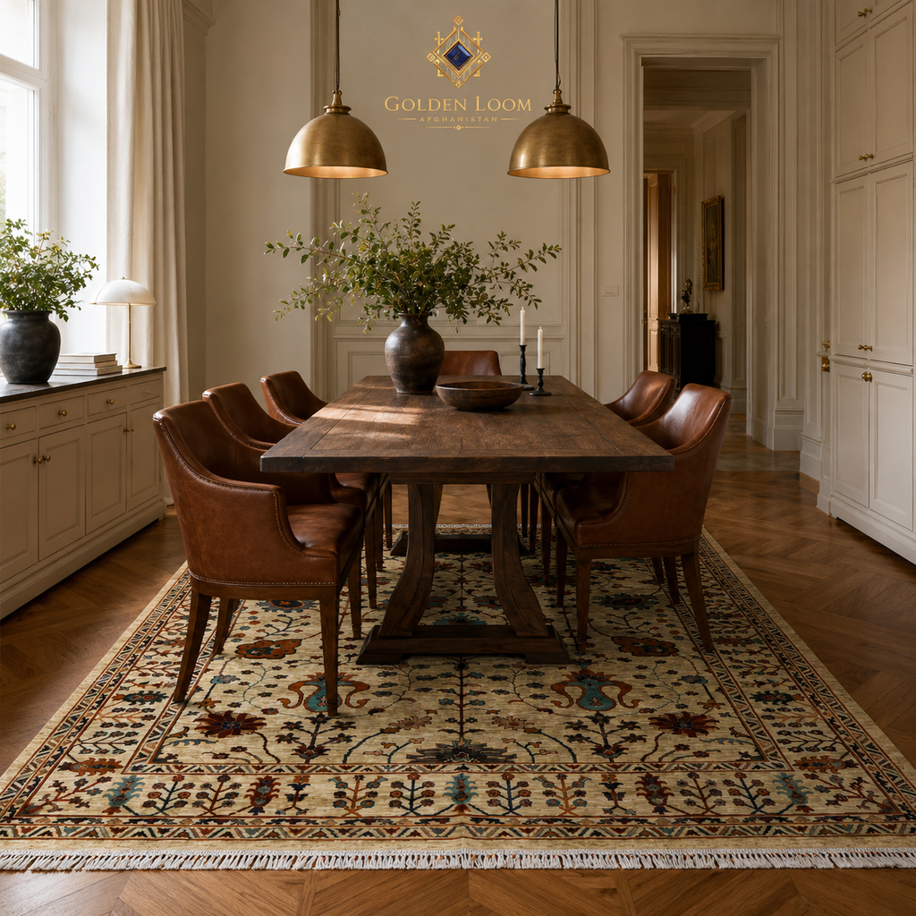 Afghan Chobi wool rug with ivory floral field styled under farmhouse dining table with leather chairs and brass pendant lights