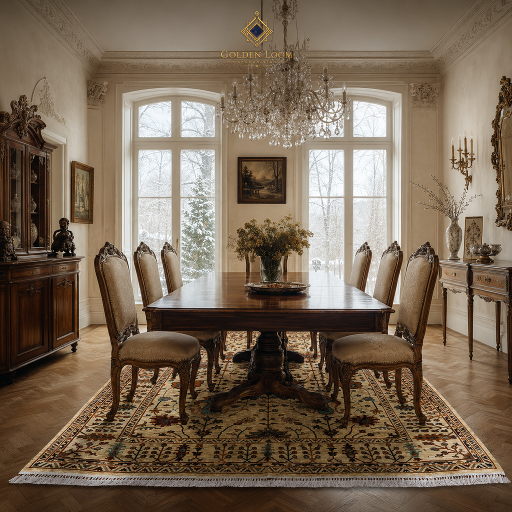 Hand-knotted Afghan wool rug with ivory botanical field under antique dining table in European manor with crystal chandelier and winter garden view