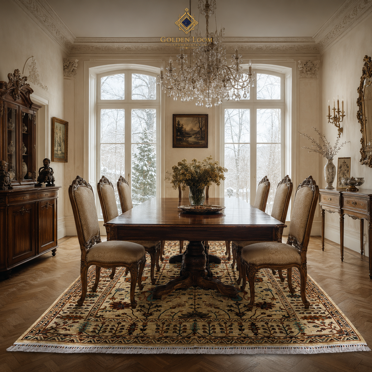 Hand-knotted Afghan wool rug with ivory botanical field under antique dining table in European manor with crystal chandelier and winter garden view