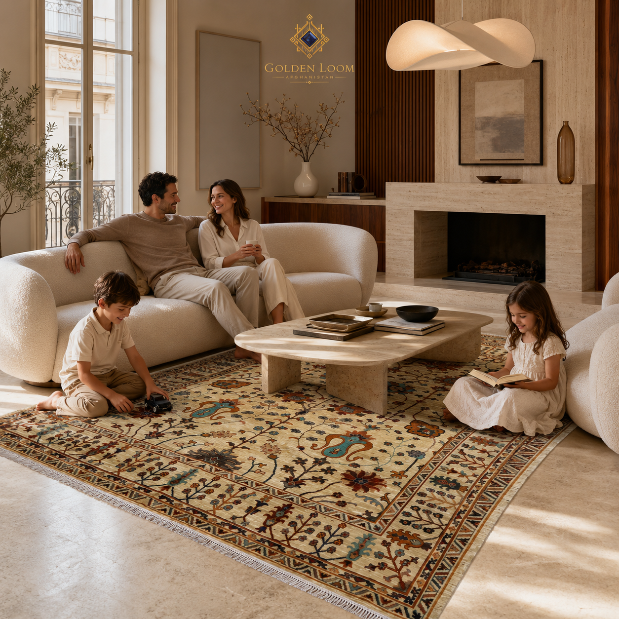 Afghan hand-knotted floral wool rug in bright Parisian living room with family children playing on ivory Chobi carpet