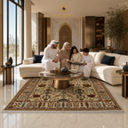 Hand-knotted Afghan rug in modern Gulf luxury living room with marble floors white sofa and gold accents