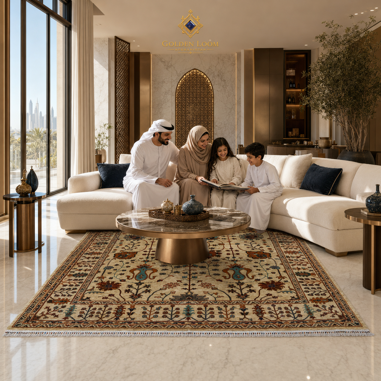 Hand-knotted Afghan rug in modern Gulf luxury living room with marble floors white sofa and gold accents