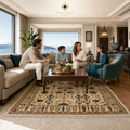 Afghan handwoven floral rug in elegant family living room with Bosporus view teal accents and traditional tea setting