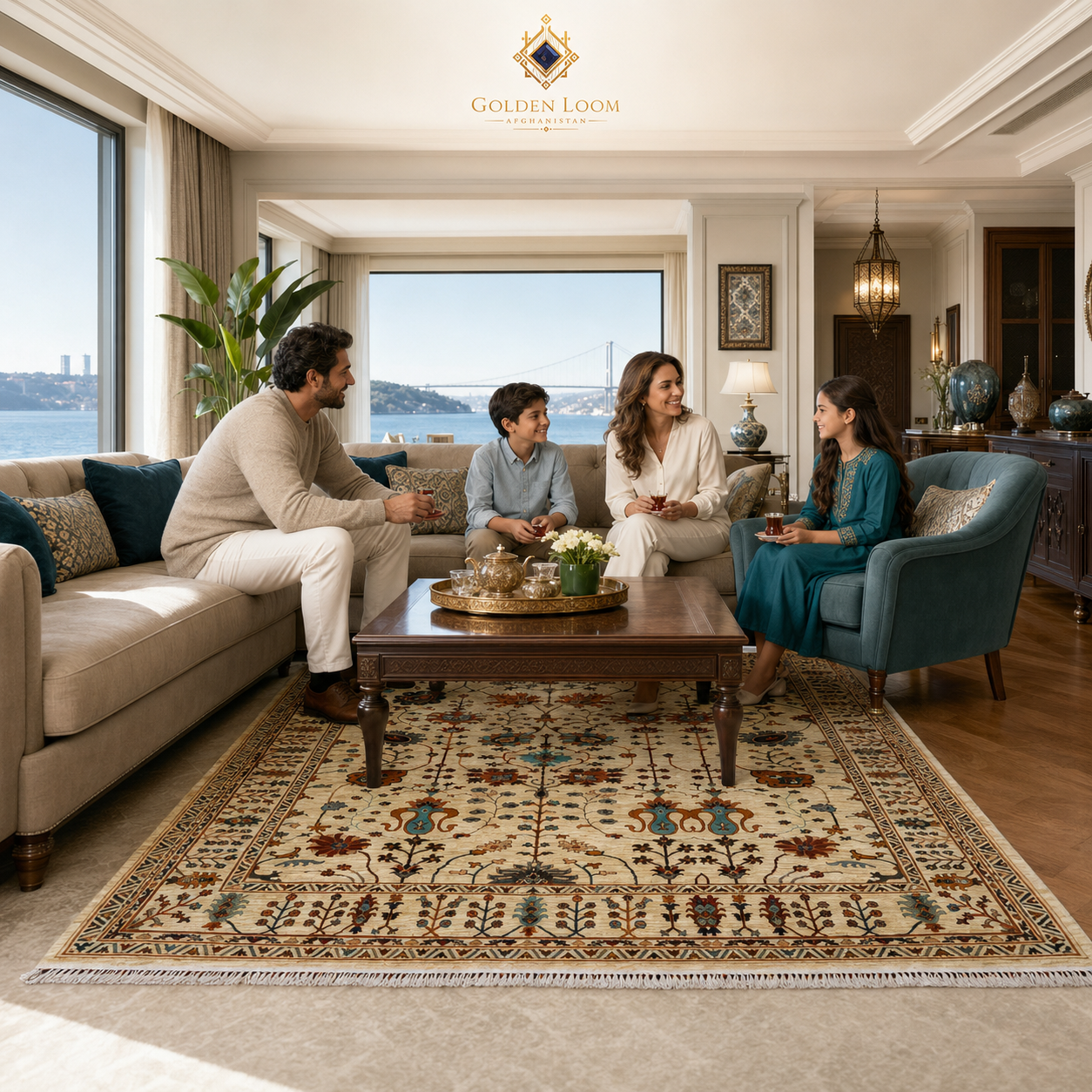 Afghan handwoven floral rug in elegant family living room with Bosporus view teal accents and traditional tea setting