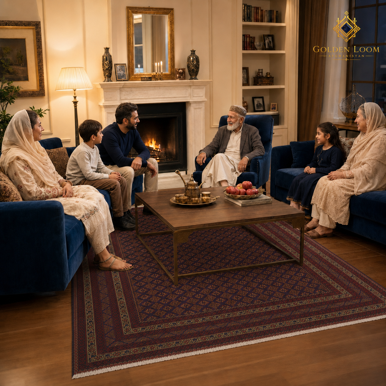 Multi-generational Afghan family gathered around a fireplace on a dark burgundy hand-knotted Afghan wool rug with repeating geometric motifs and ivory fringe — Golden Loom Afghanistan