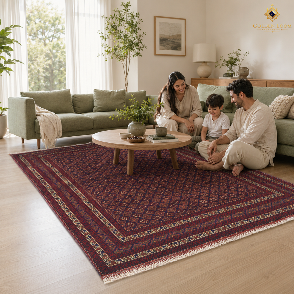 Family relaxing on the floor of a bright Scandinavian-style living room on a large hand-knotted Afghan rug in deep red with geometric repeat pattern and cream fringe — Golden Loom Afghanistan