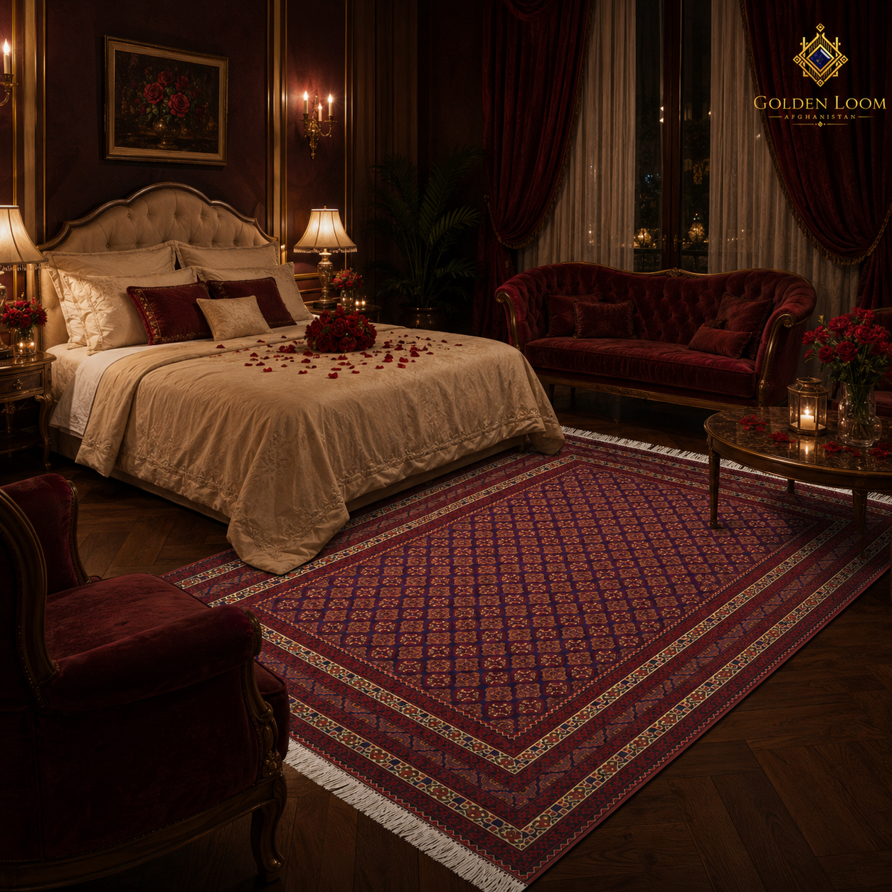Hand-knotted Afghan rug in rich red with geometric lattice pattern placed under a king bed in a contemporary luxury bedroom — Golden Loom Afghanistan