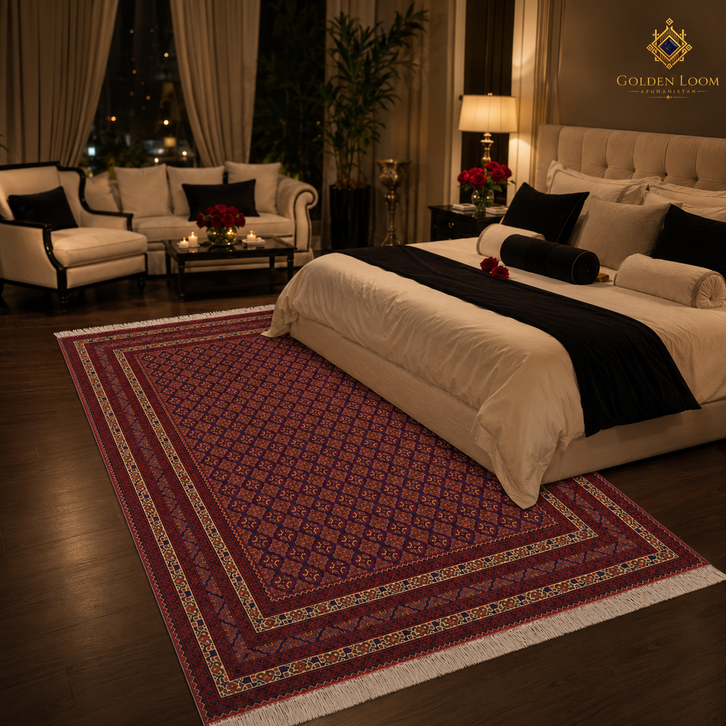 Deep crimson Afghan handwoven carpet styled in a dark luxury bedroom with gold accents, velvet furniture, and candlelight — Golden Loom Afghanistan