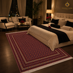 Deep crimson Afghan handwoven carpet styled in a dark luxury bedroom with gold accents, velvet furniture, and candlelight — Golden Loom Afghanistan