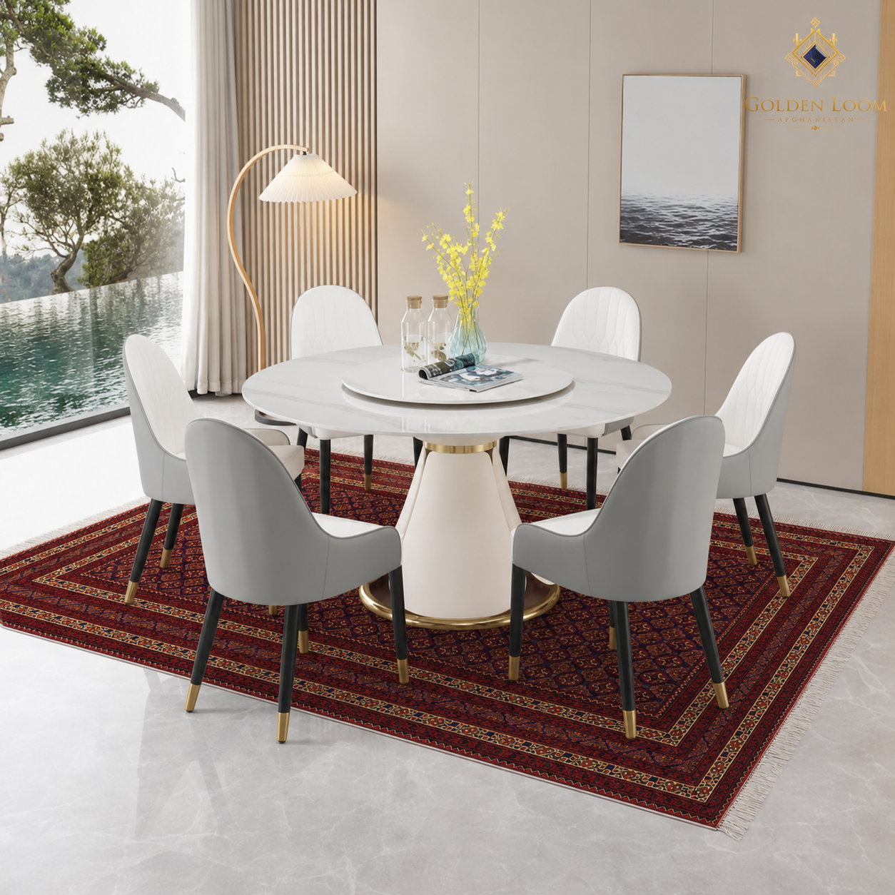 Traditional Afghan wool carpet in deep red with all-over geometric pattern styled under a modern round dining table — Golden Loom Afghanistan