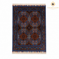 Hand-knotted Afghan Mamluk carpet with royal blue field and burgundy geometric medallion, ivory fringe, top-down view — Golden Loom Afghanistan