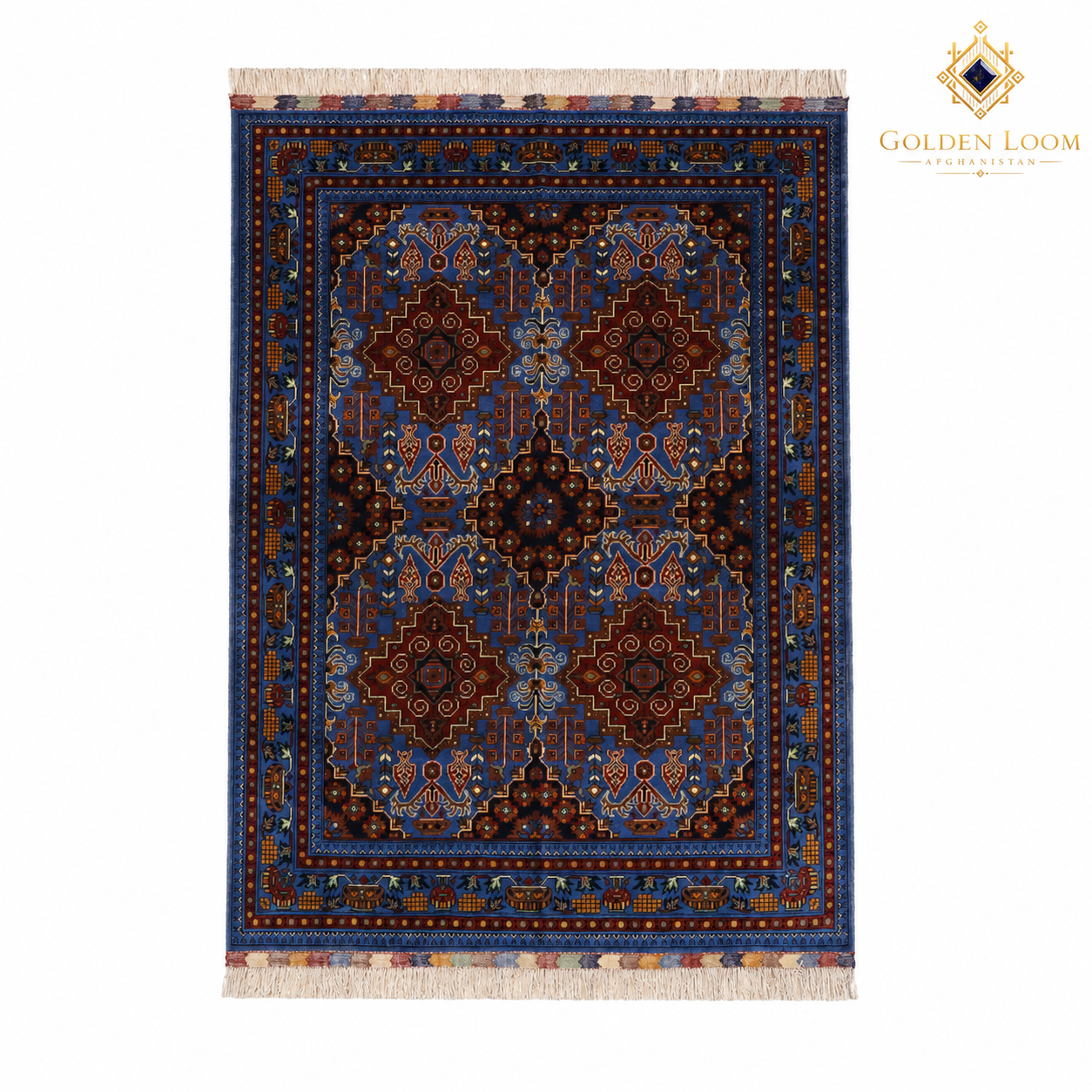 Hand-knotted Afghan Mamluk carpet with royal blue field and burgundy geometric medallion, ivory fringe, top-down view — Golden Loom Afghanistan