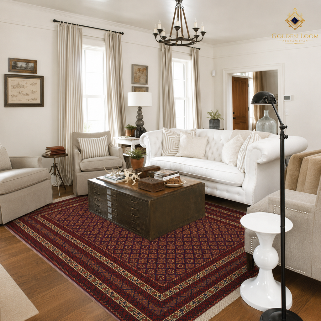 Traditional Afghan hand-knotted carpet in deep crimson with geometric lattice design styled under a tufted white sofa in a classic American farmhouse living room — Golden Loom Afghanistan