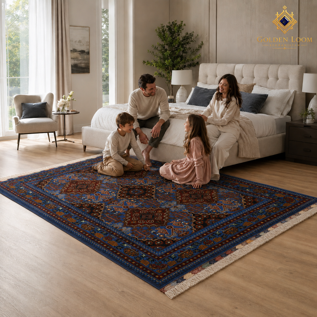 Afghan Mamluk hand-knotted carpet in royal blue and burgundy styled in a luxury bedroom with a family — Golden Loom Afghanistan