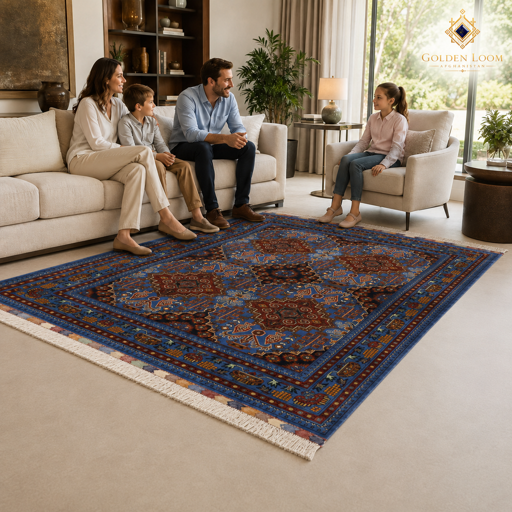 Afghan Mamluk hand-knotted carpet anchoring a bright family living room with cream sofas and natural light — Golden Loom Afghanistan