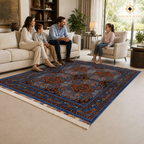 Afghan Mamluk hand-knotted carpet anchoring a bright family living room with cream sofas and natural light — Golden Loom Afghanistan