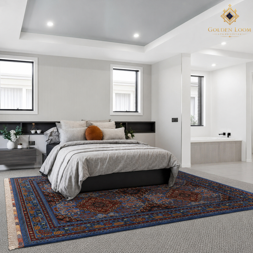 Afghan hand-knotted Mamluk carpet styled under a modern bed in a contemporary bedroom — Golden Loom Afghanistan